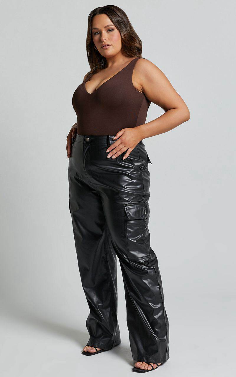 Showpo Elviera Pants - High Waisted Faux Leather Cargo Pants Black | NAPQIR306