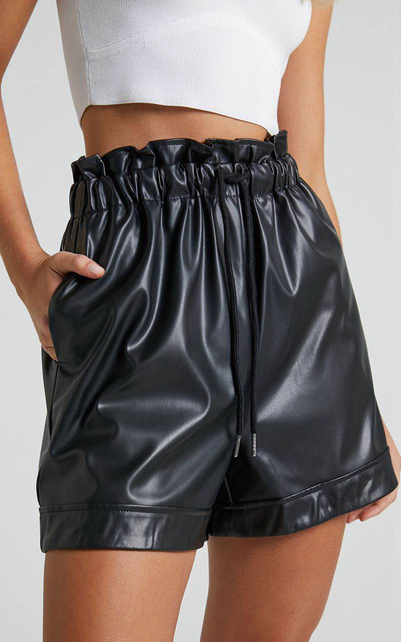 Showpo Elviera Shorts - Faux Leather Drawstring Shorts Black | XDIELO178