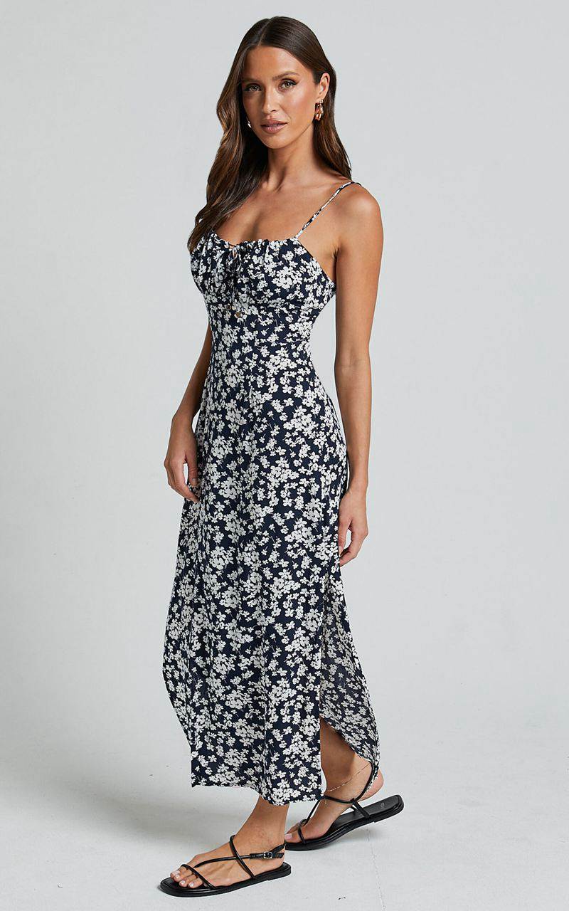 Showpo Ely Midi Dress - Strappy Ruched Bust Side Split Dress Navy Floral | VBFMLD872