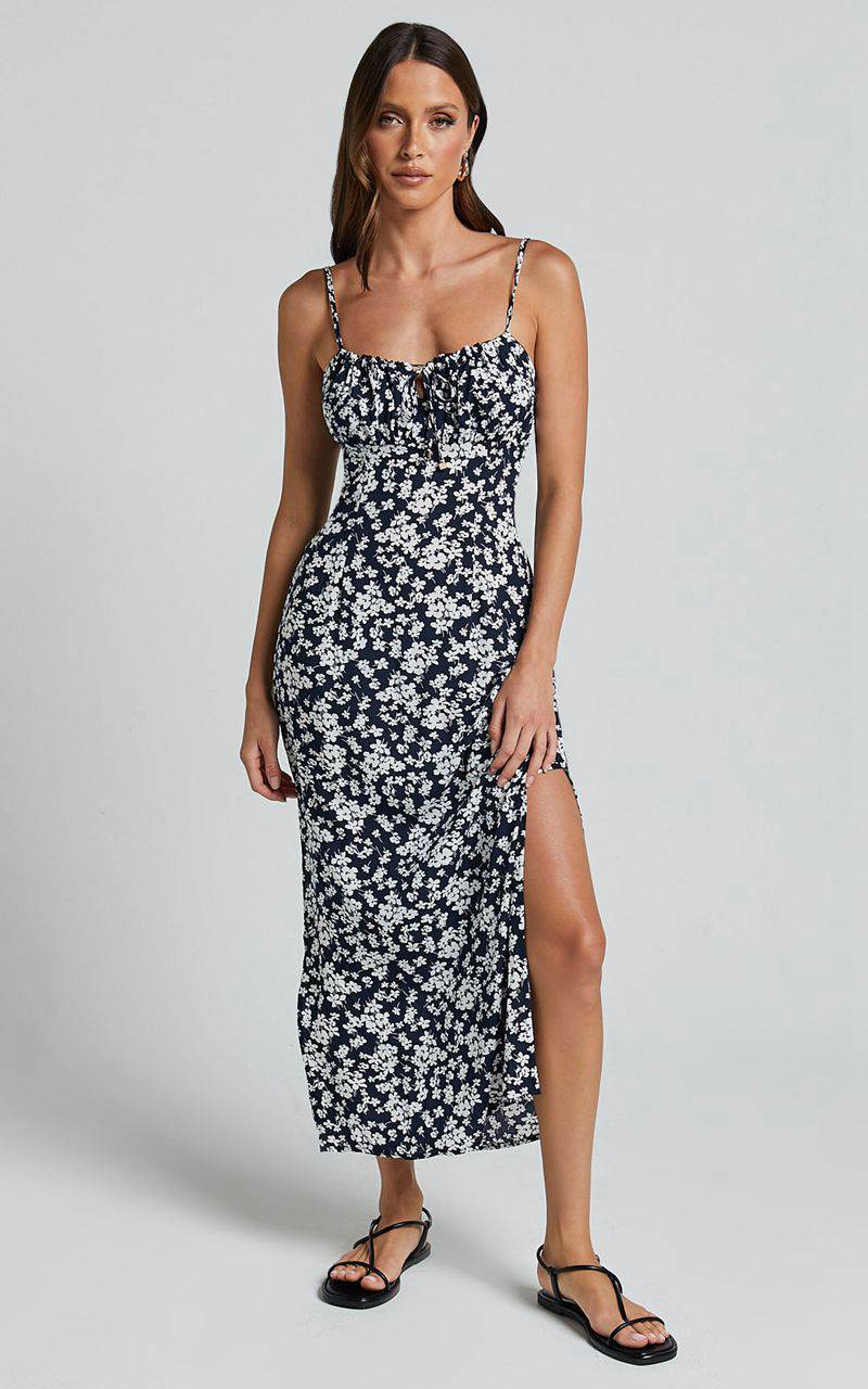 Showpo Ely Midi Dress - Strappy Ruched Bust Side Split Dress Navy Floral | VBFMLD872