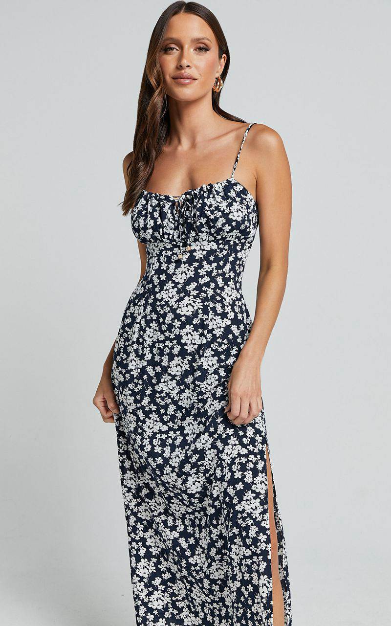 Showpo Ely Midi Dress - Strappy Ruched Bust Side Split Dress Navy Floral | VBFMLD872