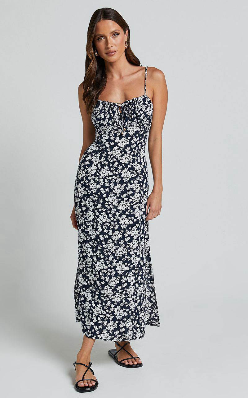 Showpo Ely Midi Dress - Strappy Ruched Bust Side Split Dress Navy Floral | VBFMLD872