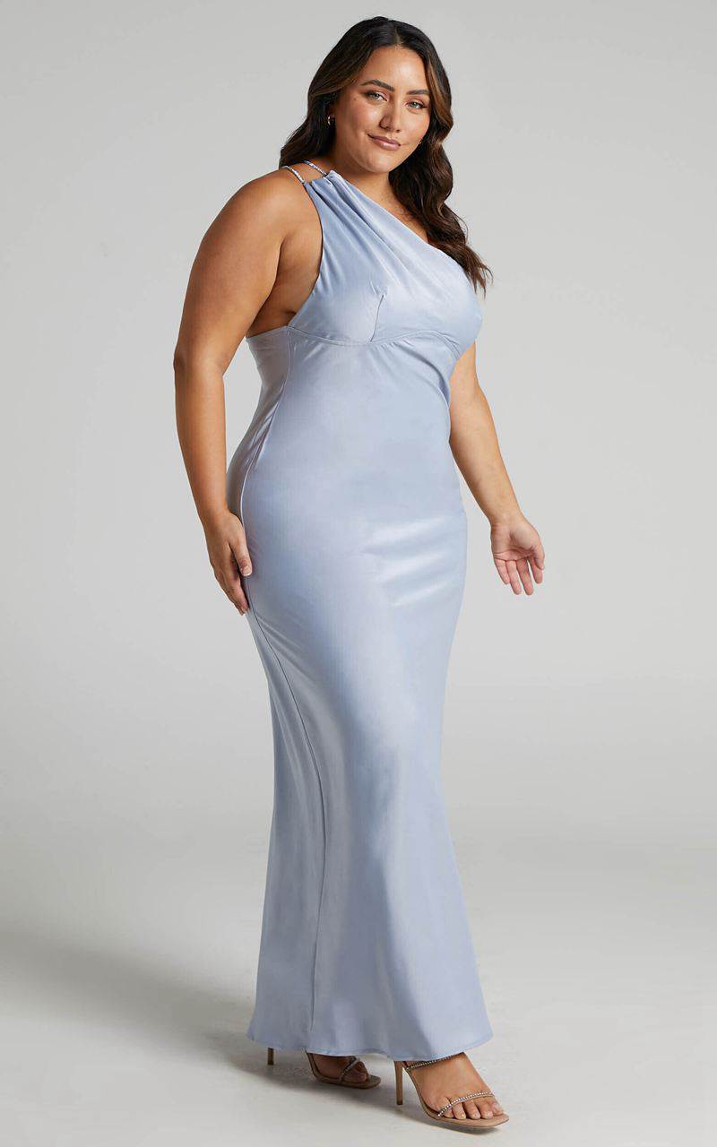 Showpo Elzales Midi Dress - One Shoulder Beaded Strap Satin Dress Pale Blue | OZLEHN135