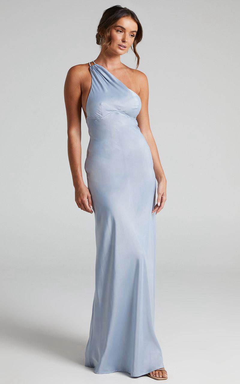 Showpo Elzales Midi Dress - One Shoulder Beaded Strap Satin Dress Pale Blue | OZLEHN135