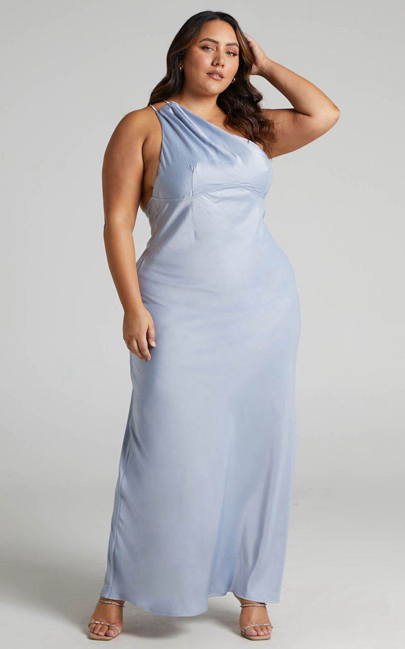 Showpo Elzales Midi Dress - One Shoulder Beaded Strap Satin Dress Pale Blue | OZLEHN135