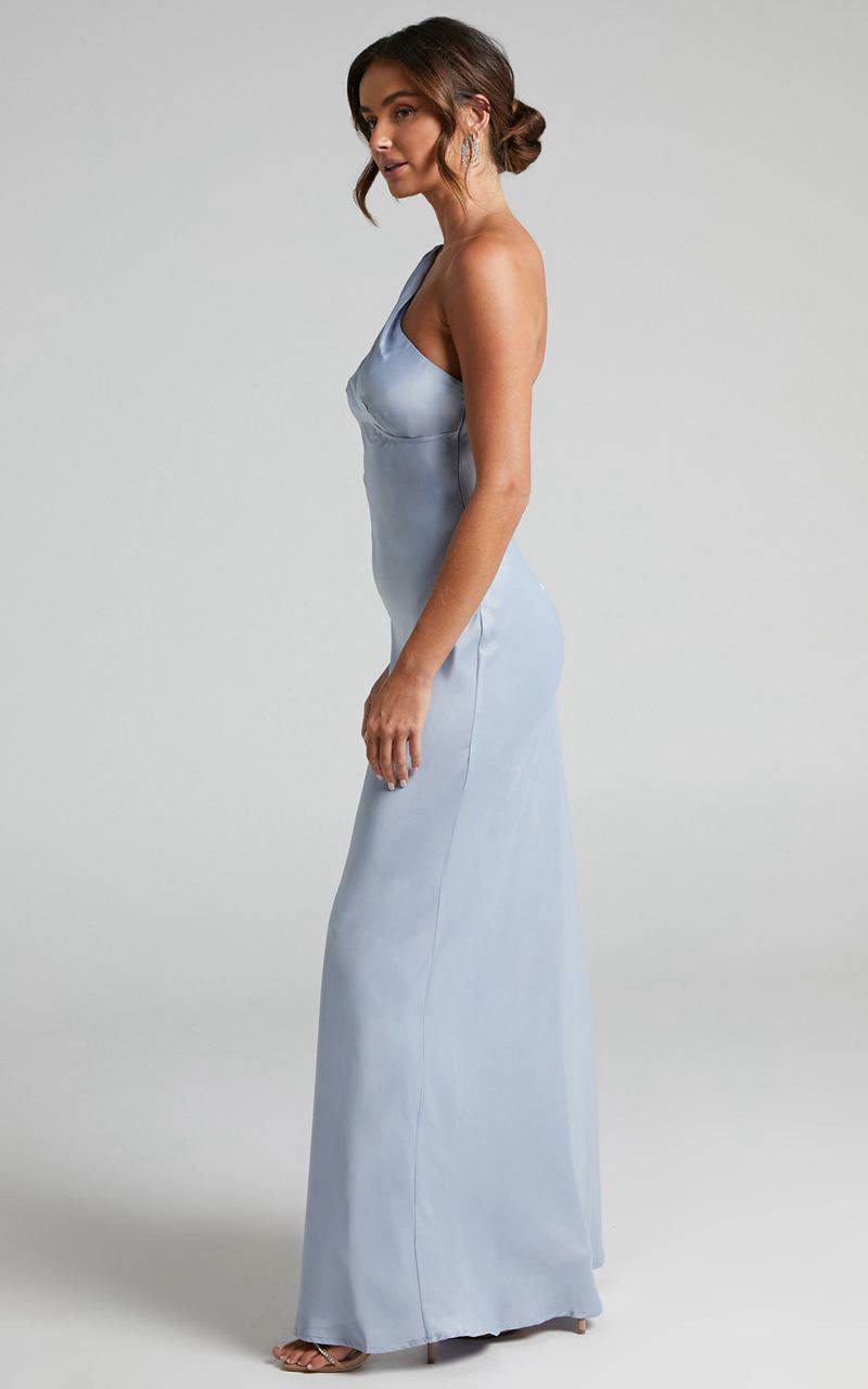 Showpo Elzales Midi Dress - One Shoulder Beaded Strap Satin Dress Pale Blue | OZLEHN135