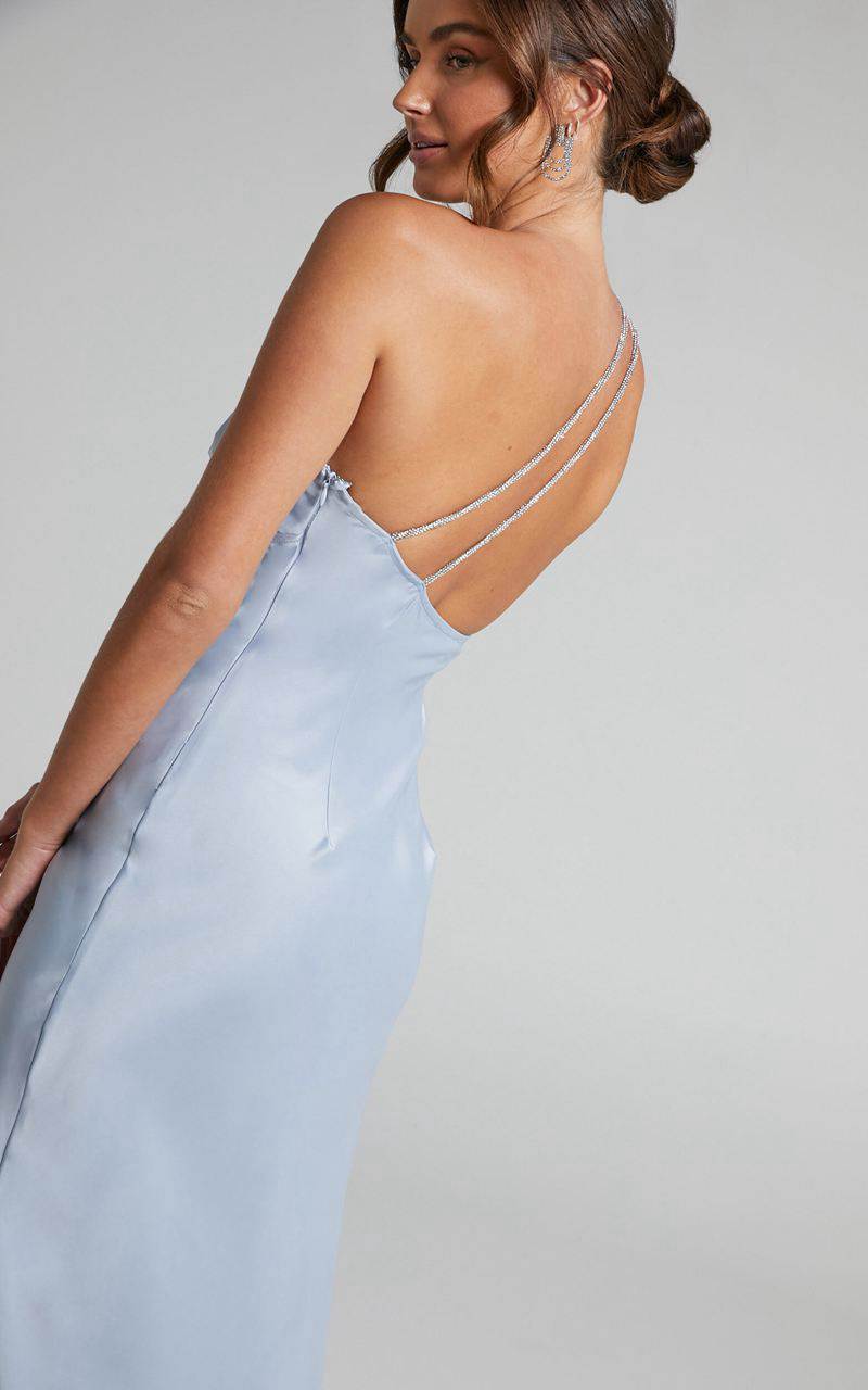 Showpo Elzales Midi Dress - One Shoulder Beaded Strap Satin Dress Pale Blue | OZLEHN135