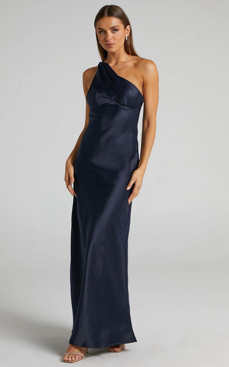 Showpo Elzales Midi Dress - One Shoulder Beaded Strap Satin Dress Navy | DSWKTG934