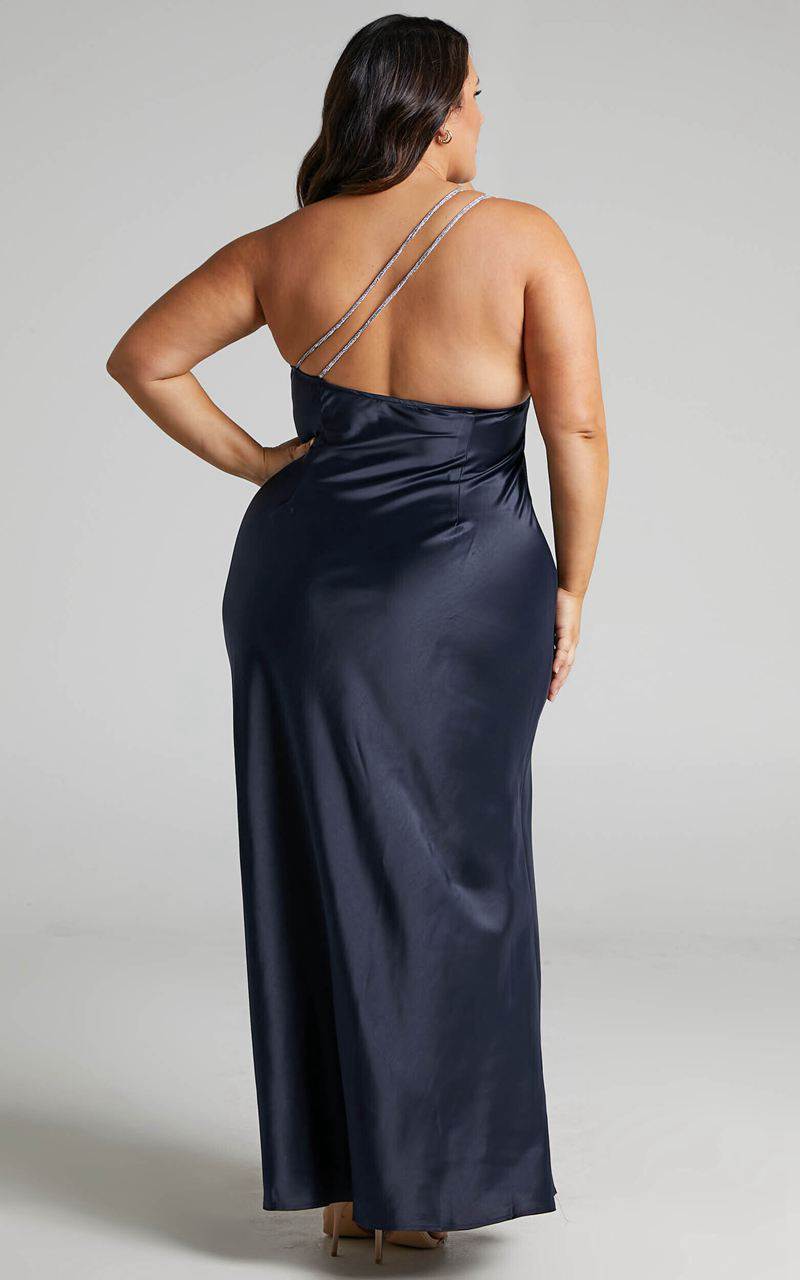 Showpo Elzales Midi Dress - One Shoulder Beaded Strap Satin Dress Navy | DSWKTG934