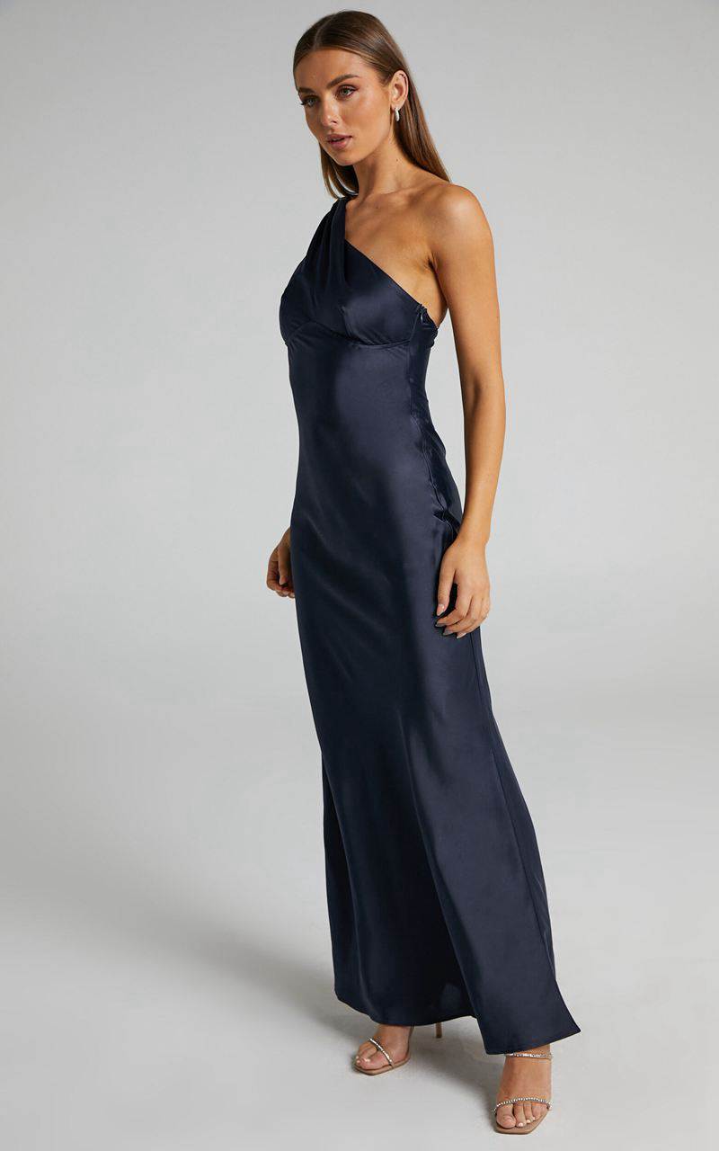 Showpo Elzales Midi Dress - One Shoulder Beaded Strap Satin Dress Navy | DSWKTG934