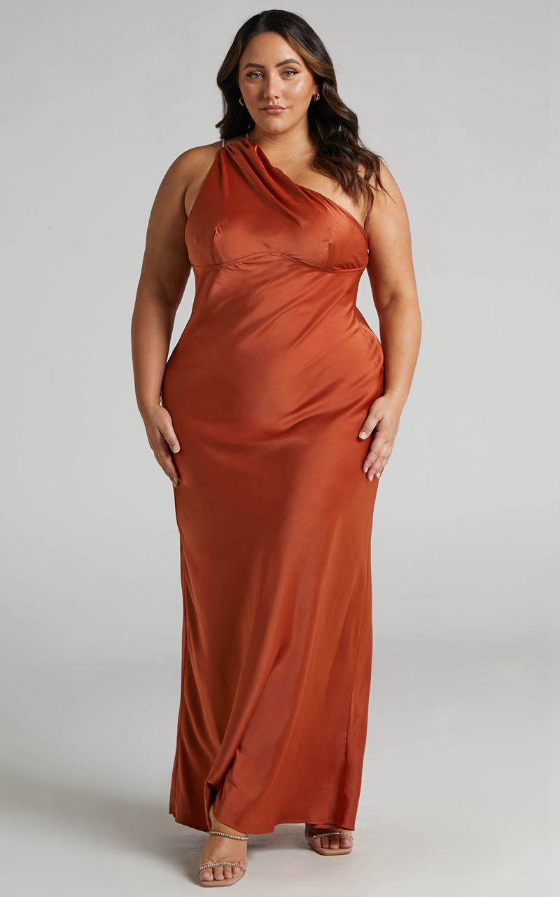 Showpo Elzales Midi Dress - One Shoulder Beaded Strap Satin Dress Rust | UIZHPB798