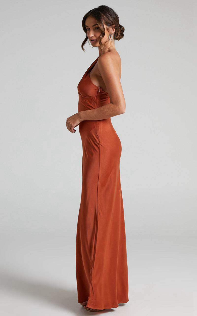 Showpo Elzales Midi Dress - One Shoulder Beaded Strap Satin Dress Rust | UIZHPB798