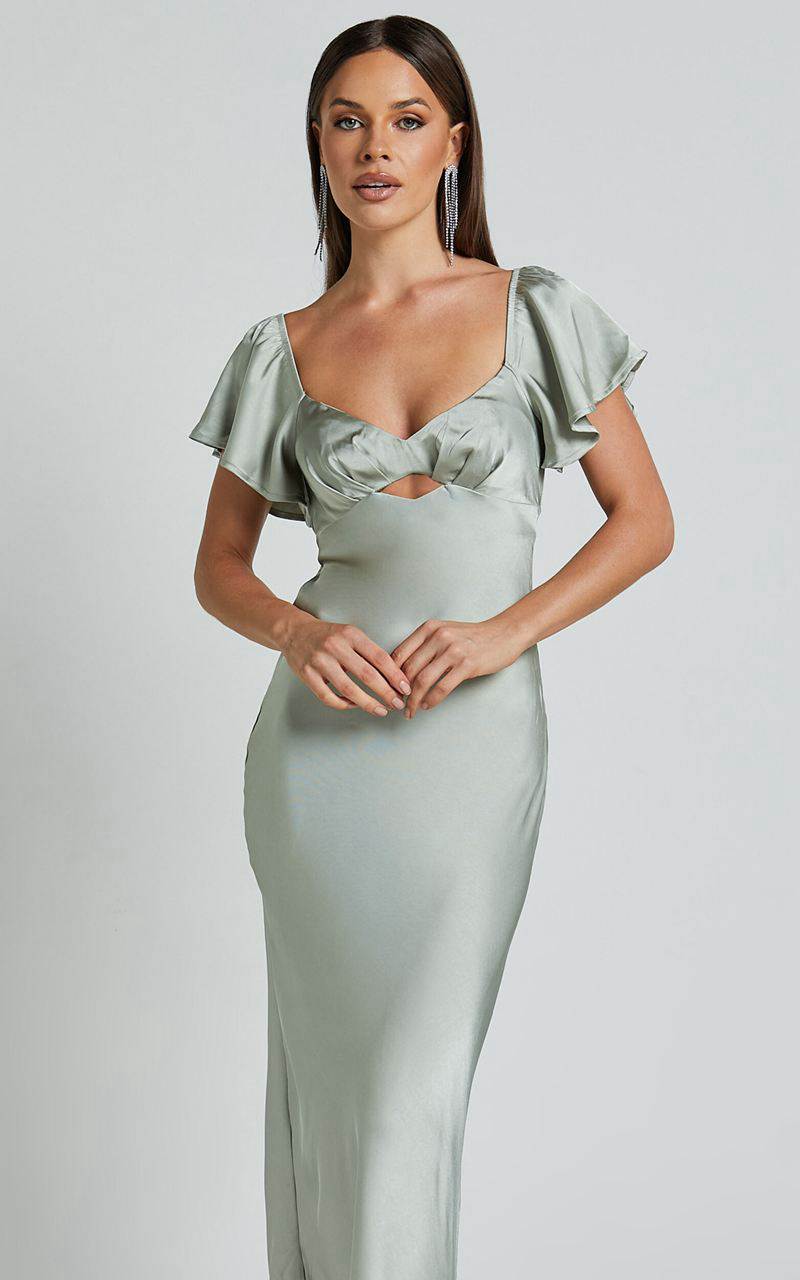 Showpo Emberlynn Midi Dress - Flutter Sleeve Cut Out Satin Dress Sage | WXYOIN986