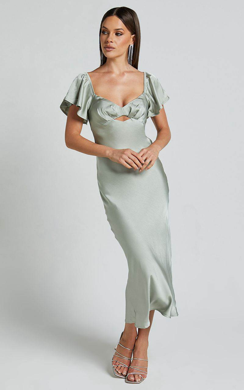 Showpo Emberlynn Midi Dress - Flutter Sleeve Cut Out Satin Dress Sage | WXYOIN986