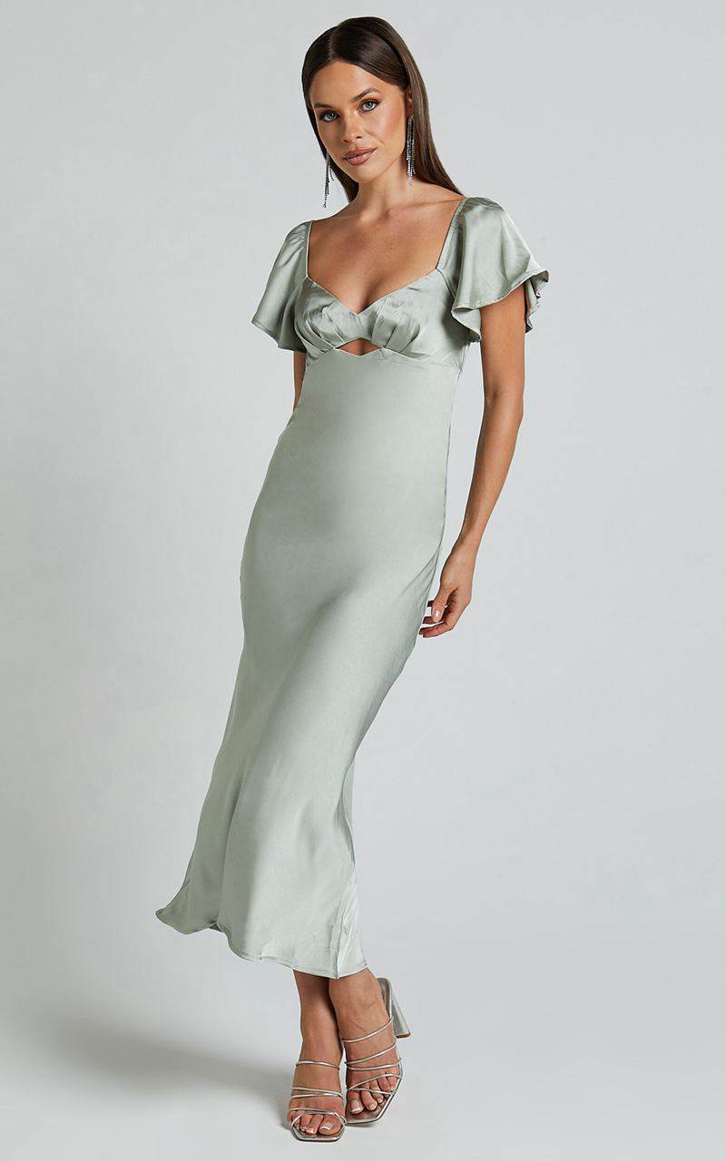 Showpo Emberlynn Midi Dress - Flutter Sleeve Cut Out Satin Dress Sage | WXYOIN986