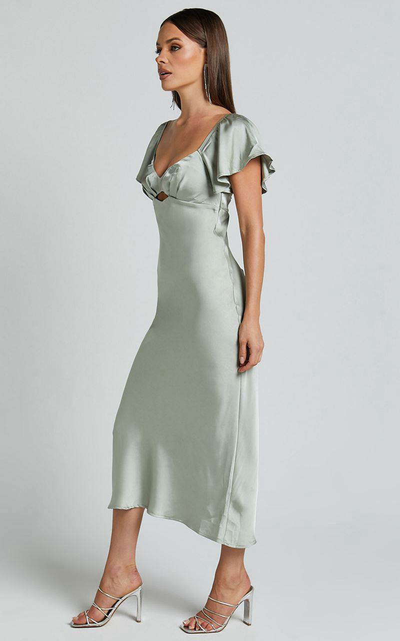 Showpo Emberlynn Midi Dress - Flutter Sleeve Cut Out Satin Dress Sage | WXYOIN986