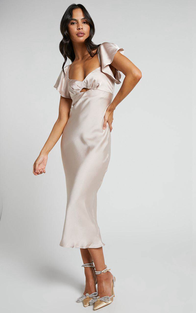 Showpo Emberlynn Midi Dress - Flutter Sleeve Cut Out Satin Dress Champagne | AVGULE872