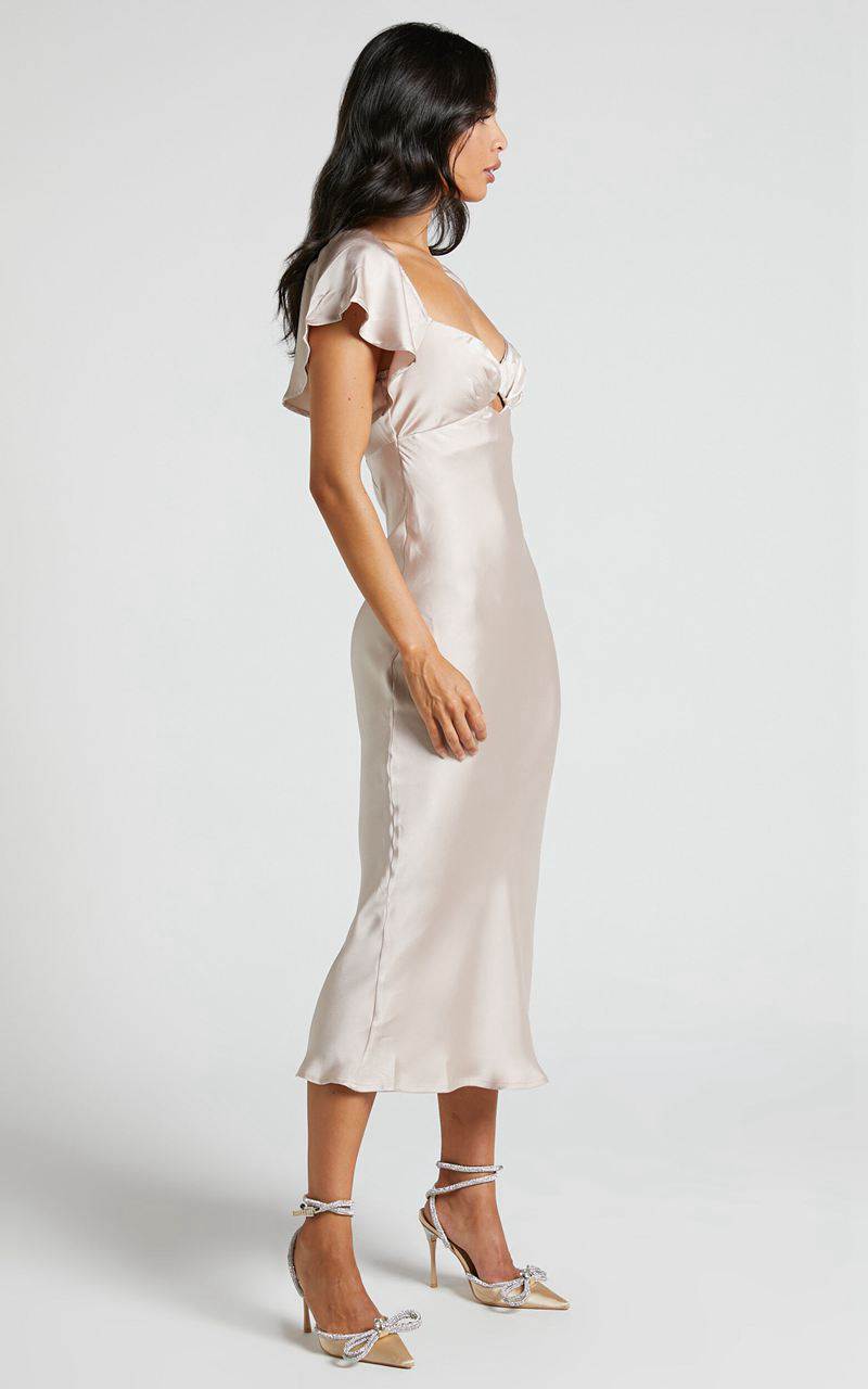 Showpo Emberlynn Midi Dress - Flutter Sleeve Cut Out Satin Dress Champagne | AVGULE872