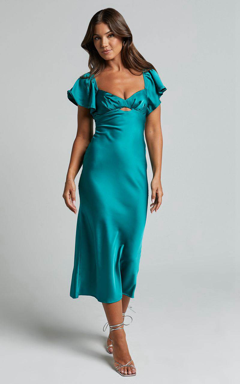 Showpo Emberlynn Midi Dress - Flutter Sleeve Cut Out Satin Dress Teal | IYWAMB749