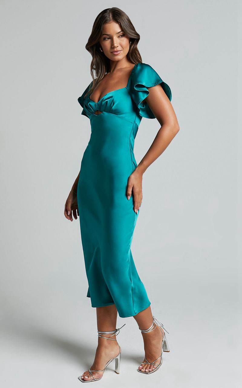 Showpo Emberlynn Midi Dress - Flutter Sleeve Cut Out Satin Dress Teal | IYWAMB749