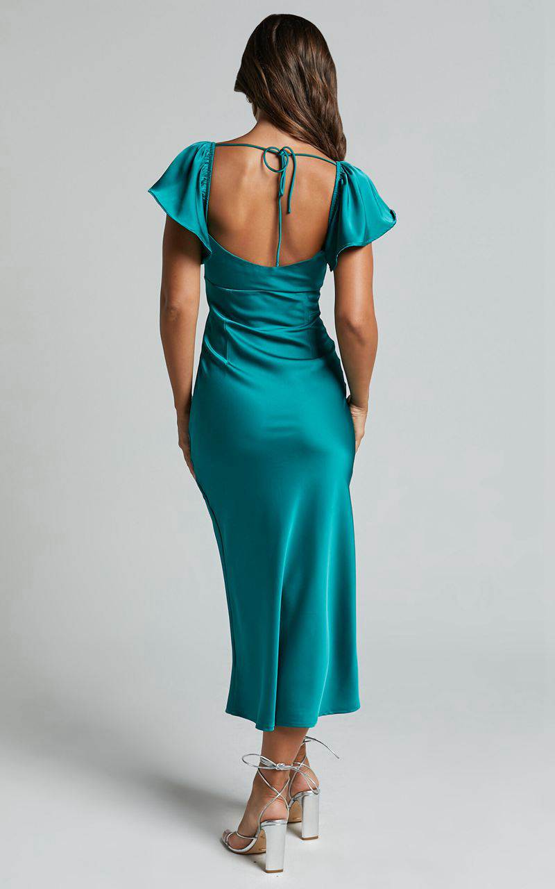 Showpo Emberlynn Midi Dress - Flutter Sleeve Cut Out Satin Dress Teal | IYWAMB749