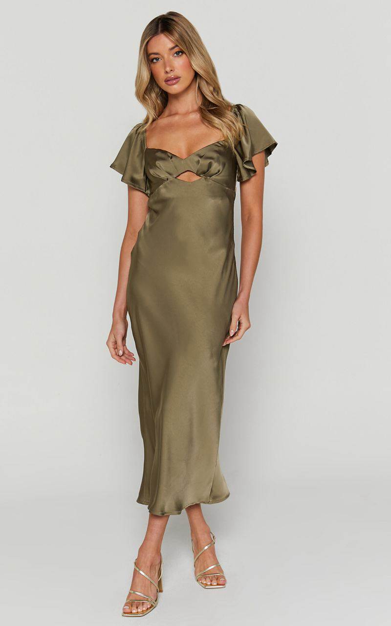 Showpo Emberlynn Midi Dress - Flutter Sleeve Cut Out Satin Dress Dark Olive | RPOXVF918