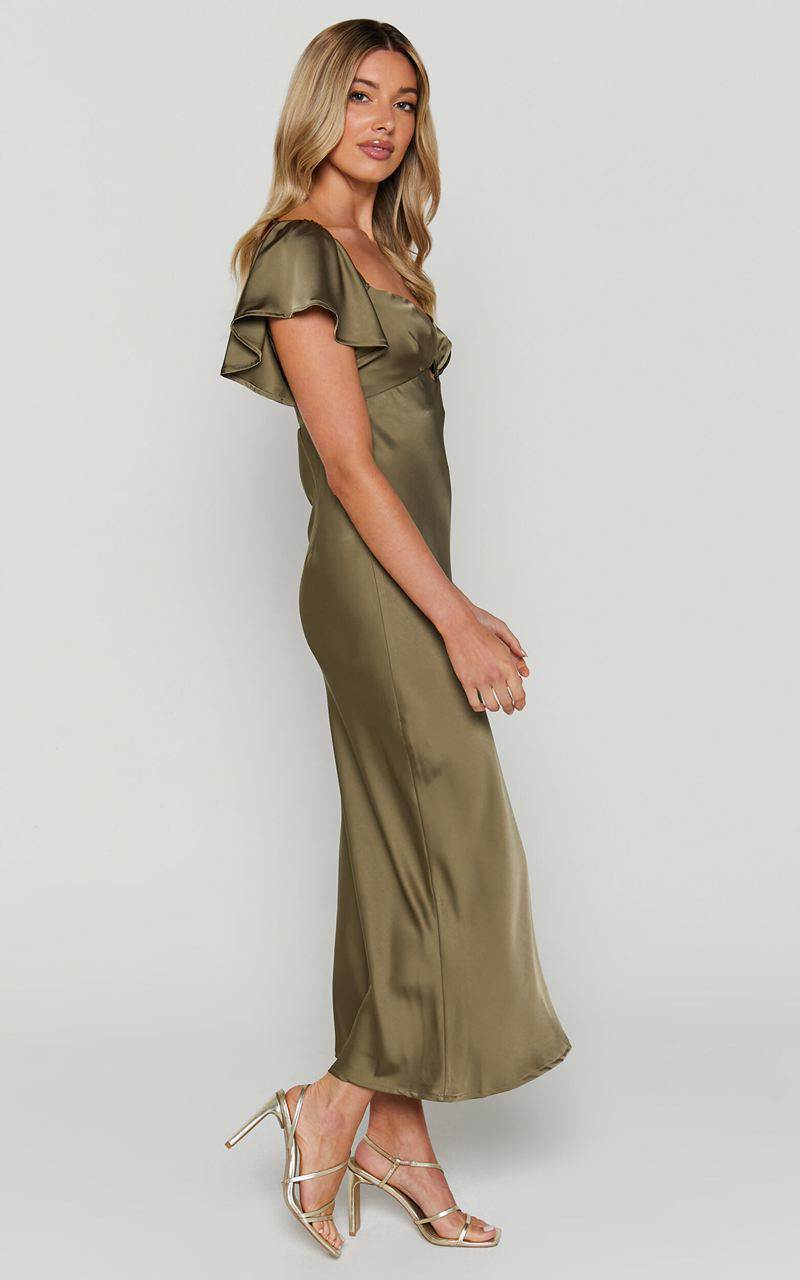 Showpo Emberlynn Midi Dress - Flutter Sleeve Cut Out Satin Dress Dark Olive | RPOXVF918