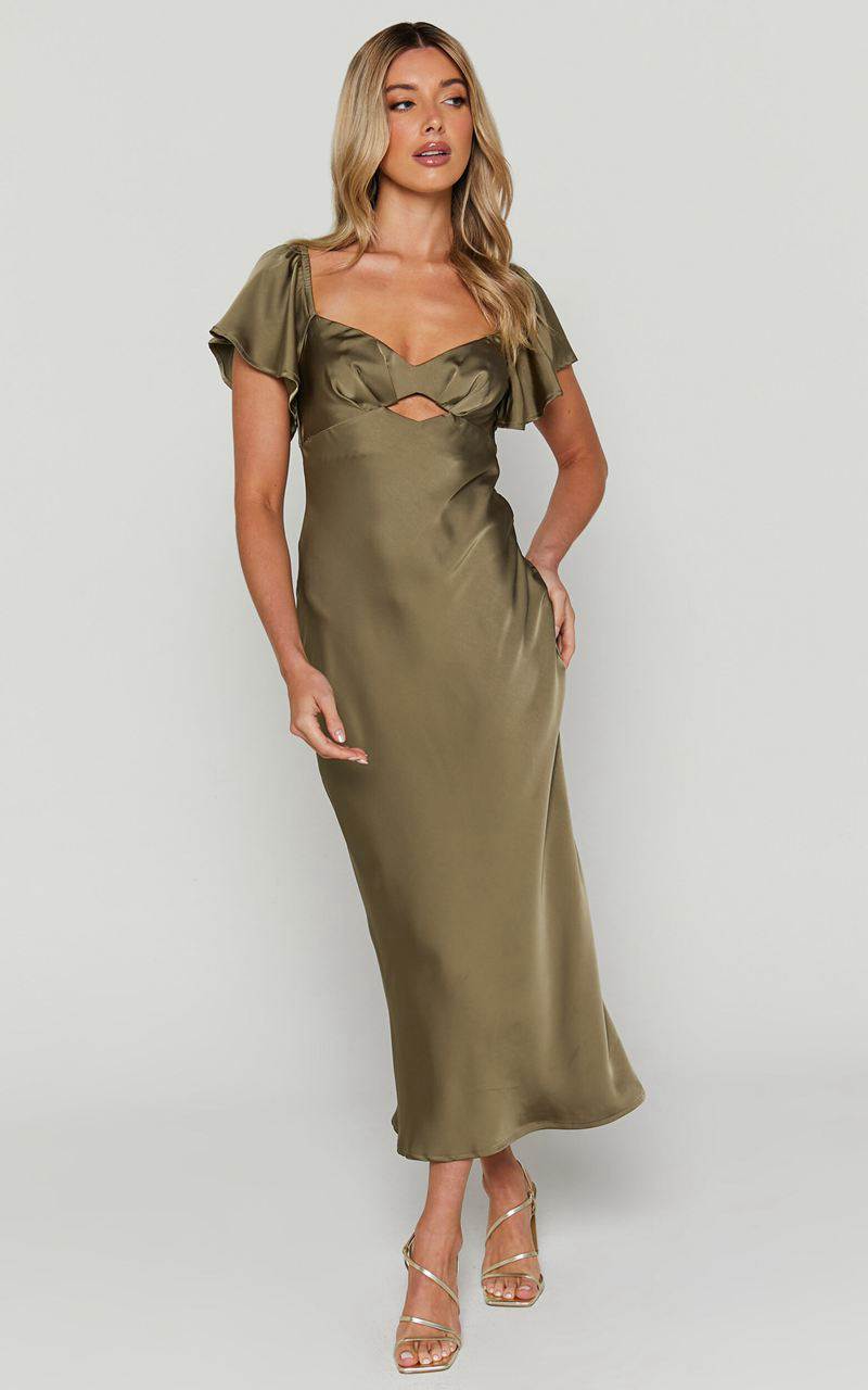 Showpo Emberlynn Midi Dress - Flutter Sleeve Cut Out Satin Dress Dark Olive | RPOXVF918