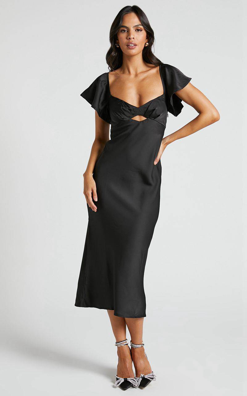 Showpo Emberlynn Midi Dress - Flutter Sleeve Cut Out Satin Dress Black | KSYWLM562