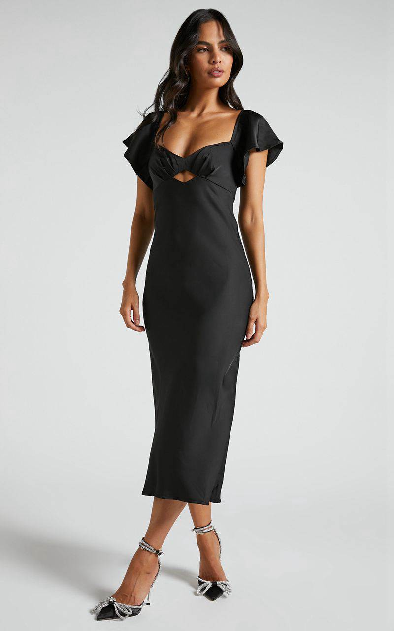 Showpo Emberlynn Midi Dress - Flutter Sleeve Cut Out Satin Dress Black | KSYWLM562