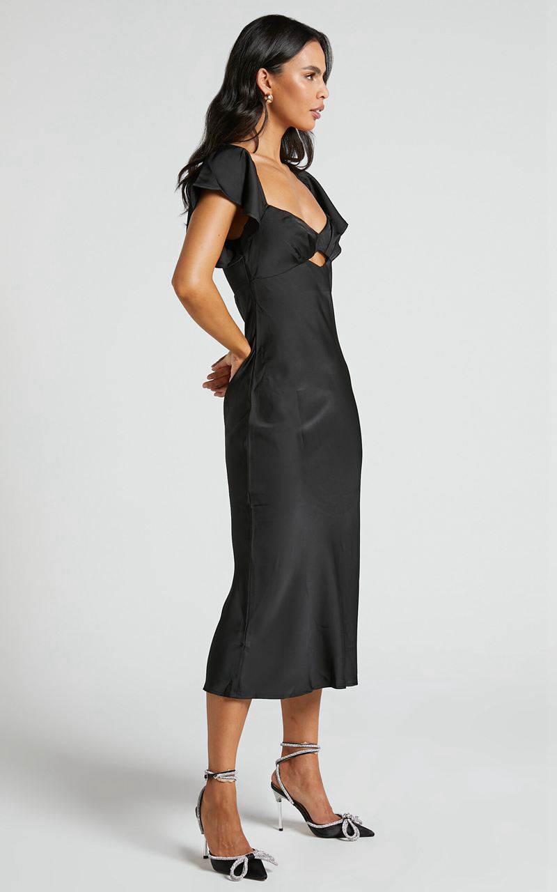 Showpo Emberlynn Midi Dress - Flutter Sleeve Cut Out Satin Dress Black | KSYWLM562