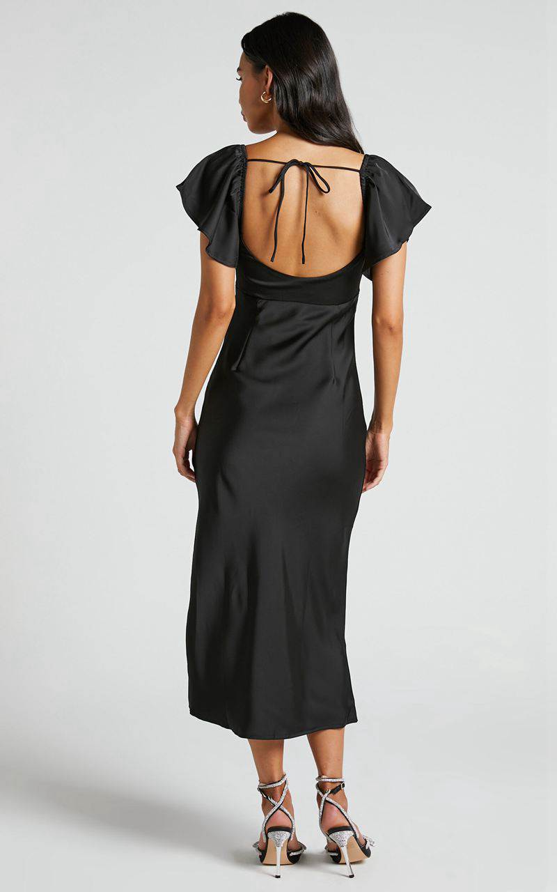 Showpo Emberlynn Midi Dress - Flutter Sleeve Cut Out Satin Dress Black | KSYWLM562