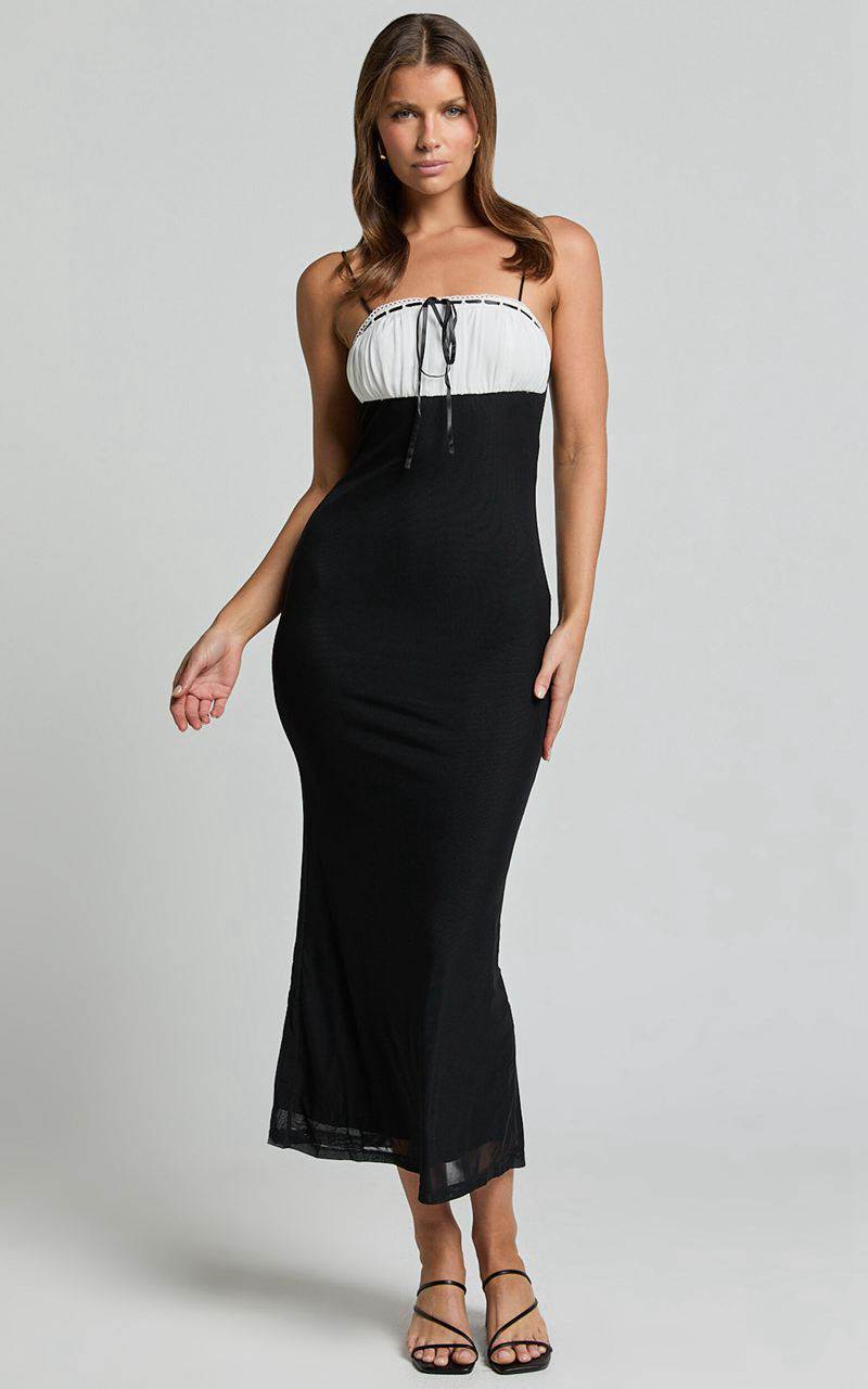 Showpo Emelia Midi Dress - Strappy Straight Neck Ruched Bust Dress Black | SPMQVE061