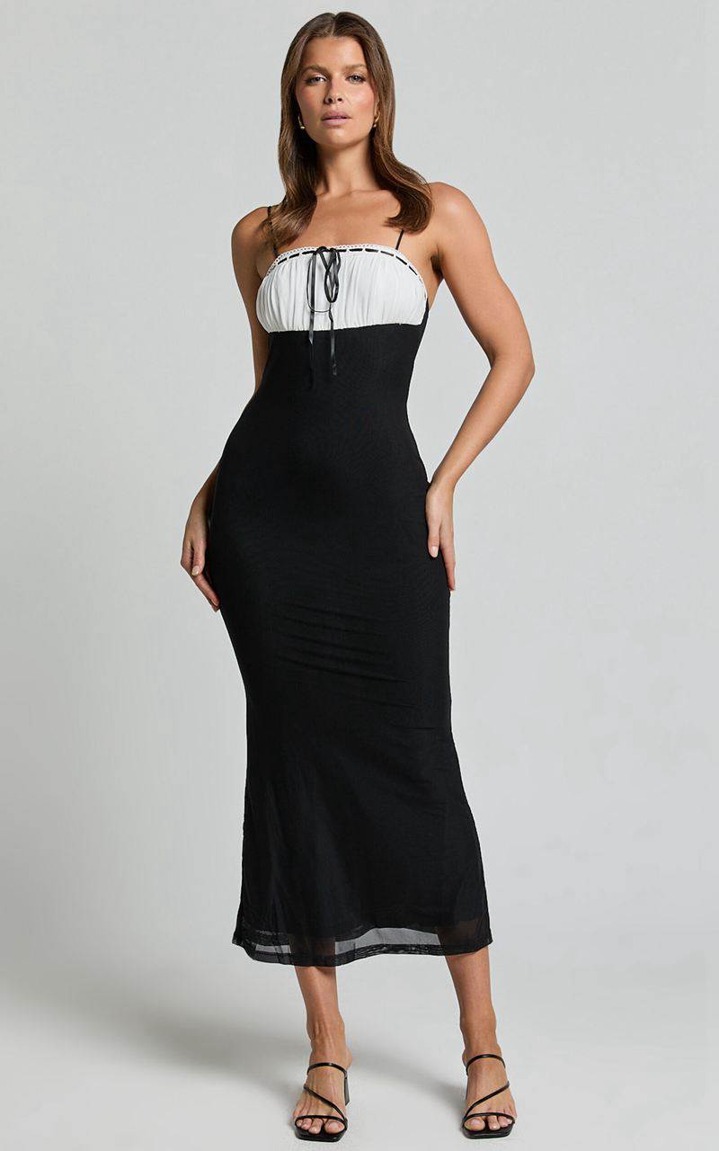 Showpo Emelia Midi Dress - Strappy Straight Neck Ruched Bust Dress Black | SPMQVE061