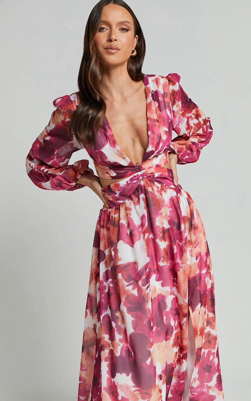 Showpo Emilee Midi Dress - Side Cut Out Long Sleeve Plunge Dress Purple Floral | NHFXJR170