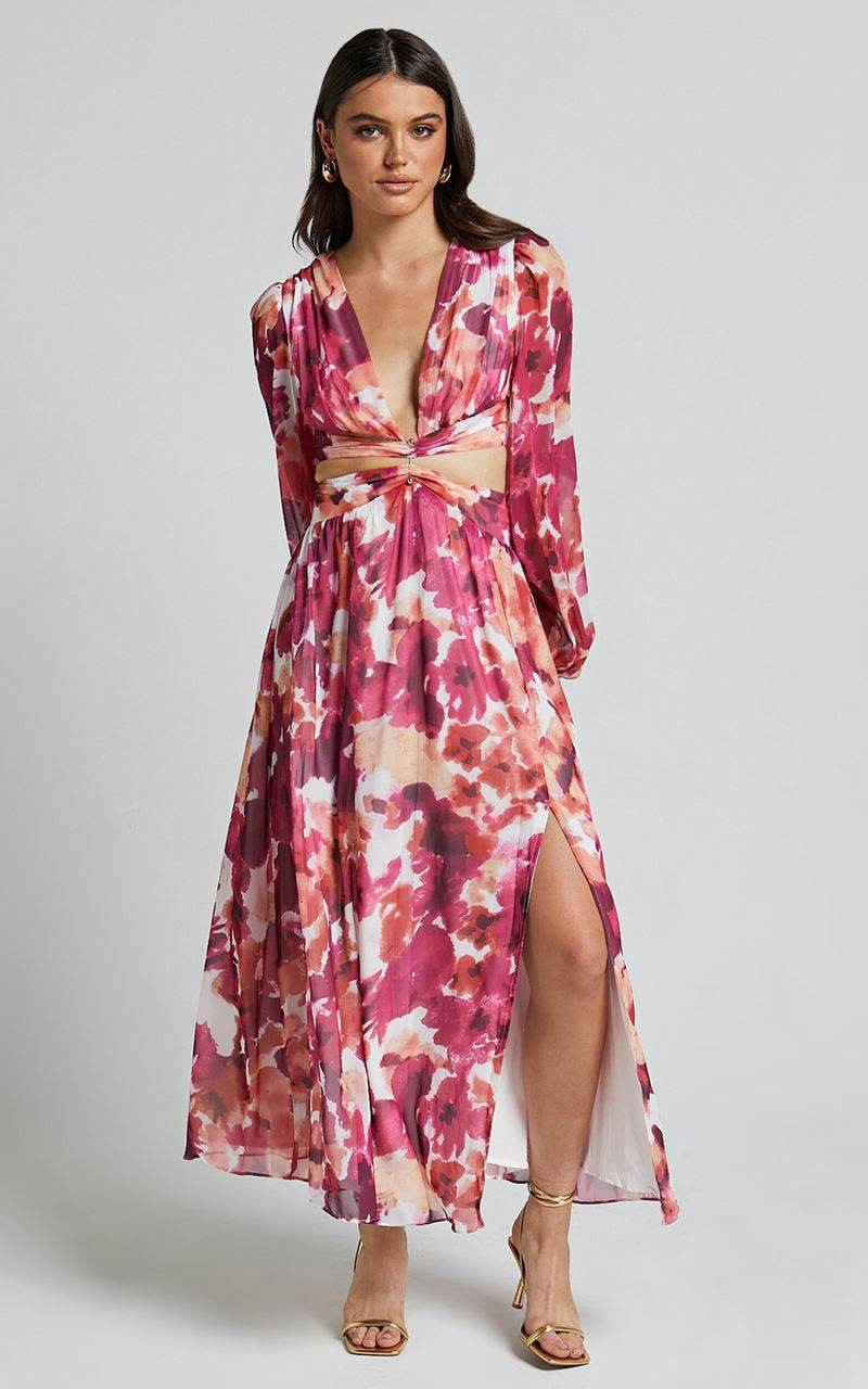 Showpo Emilee Midi Dress - Side Cut Out Long Sleeve Plunge Dress Purple Floral | XNJLQZ891