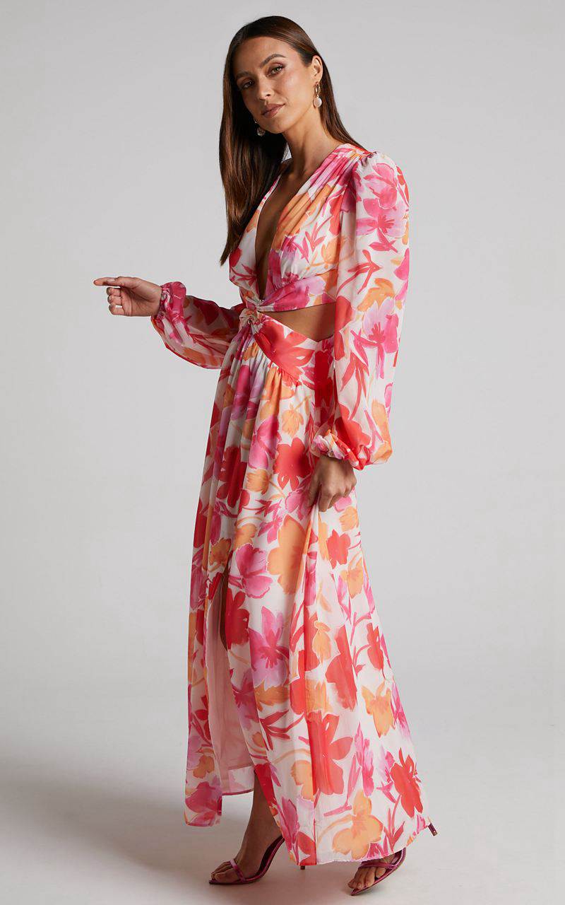 Showpo Emilee Midi Dress - Side Cut Out Long Sleeve Plunge Dress Pink Floral | FUVJKG506