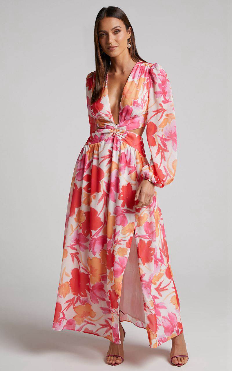 Showpo Emilee Midi Dress - Side Cut Out Long Sleeve Plunge Dress Pink Floral | FUVJKG506