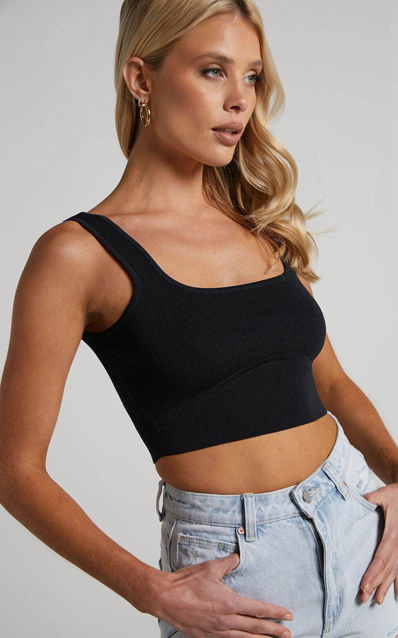 Showpo Emlei Top - Square Neck Cropped Knit Top Black | NCZFPR681