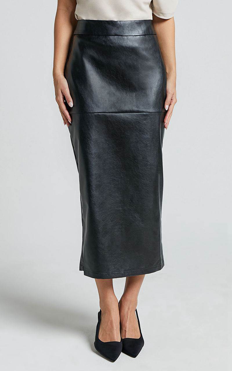 Showpo Emma Midi Skirt - High Waisted Faux Leather Skirt Black | RPLGFZ918