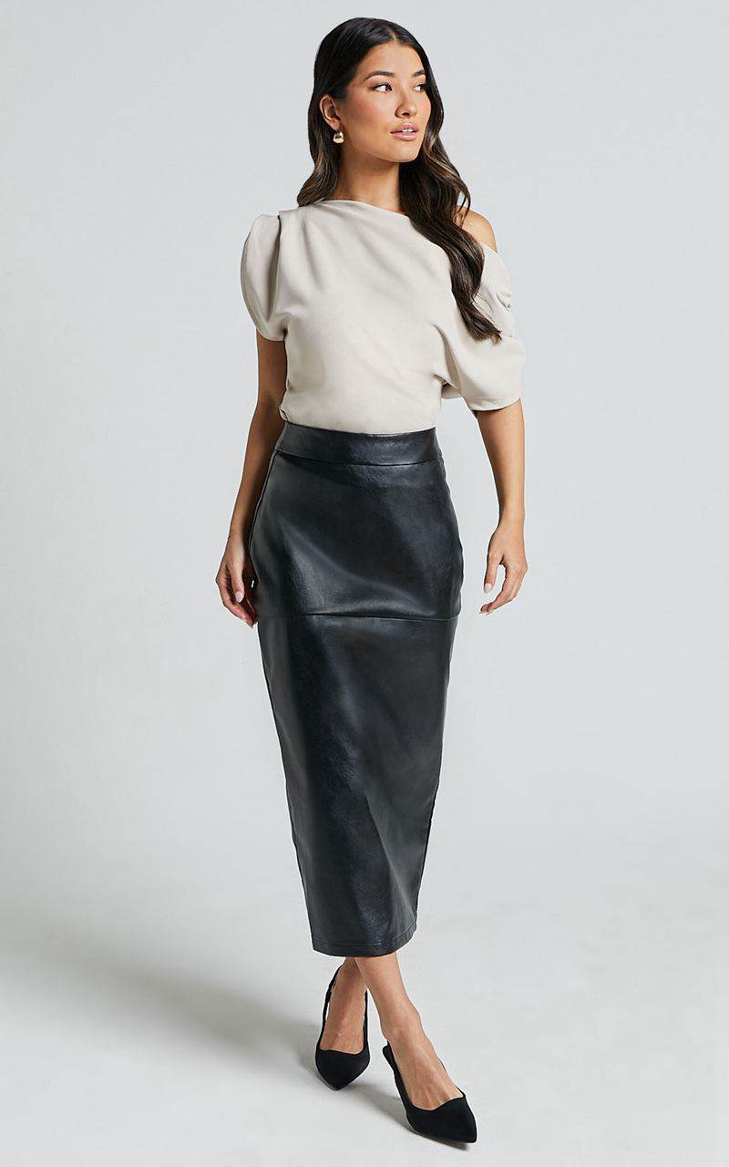 Showpo Emma Midi Skirt - High Waisted Faux Leather Skirt Black | RPLGFZ918