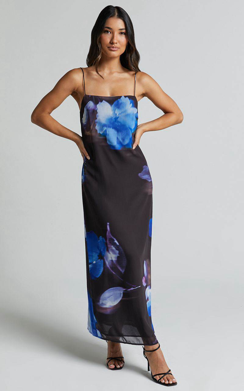 Showpo Emmanuelle Midi Dress - Strappy Side Split Satin Dress Electric Bloom Print | OBZKQE607