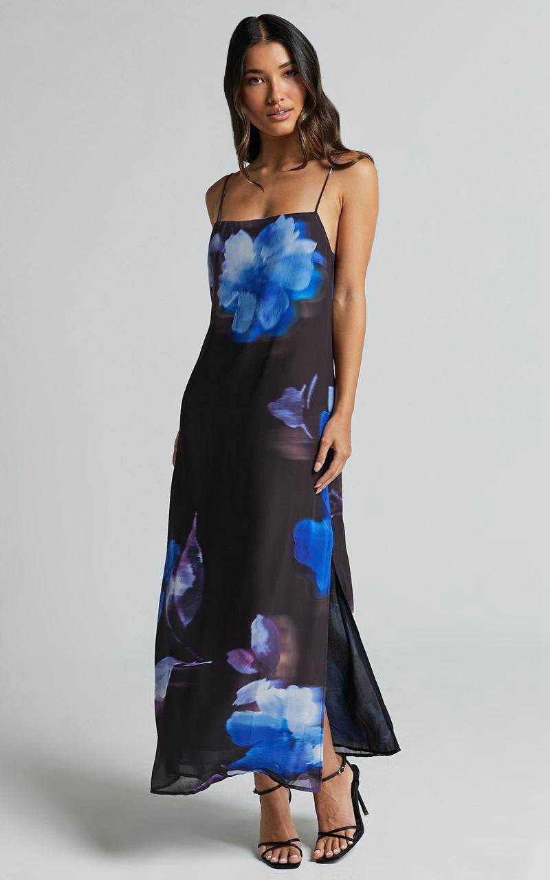 Showpo Emmanuelle Midi Dress - Strappy Side Split Satin Dress Electric Bloom Print | OBZKQE607