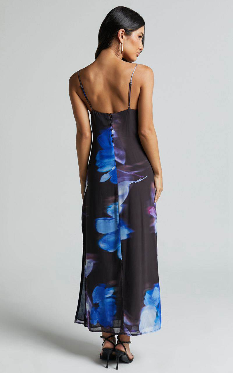 Showpo Emmanuelle Midi Dress - Strappy Side Split Satin Dress Electric Bloom Print | OBZKQE607