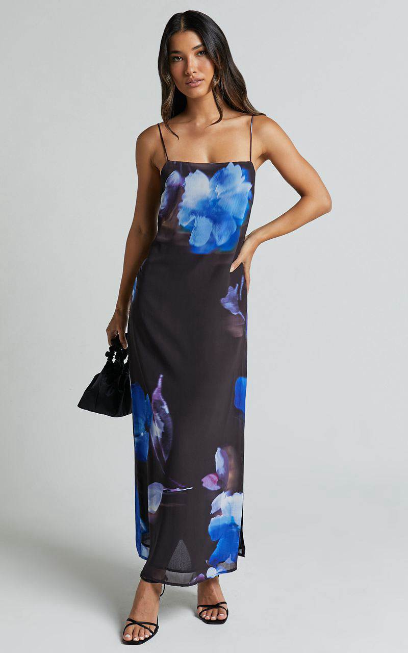 Showpo Emmanuelle Midi Dress - Strappy Side Split Satin Dress Electric Bloom Print | OBZKQE607