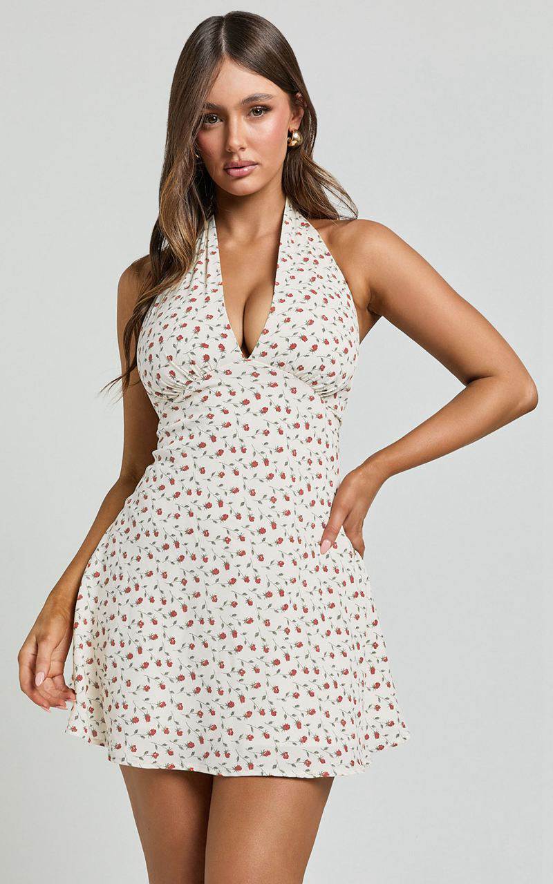 Showpo Emmett Mini Dress - Tie Halter Neck Low Back Dress White Floral | DZQKGL791