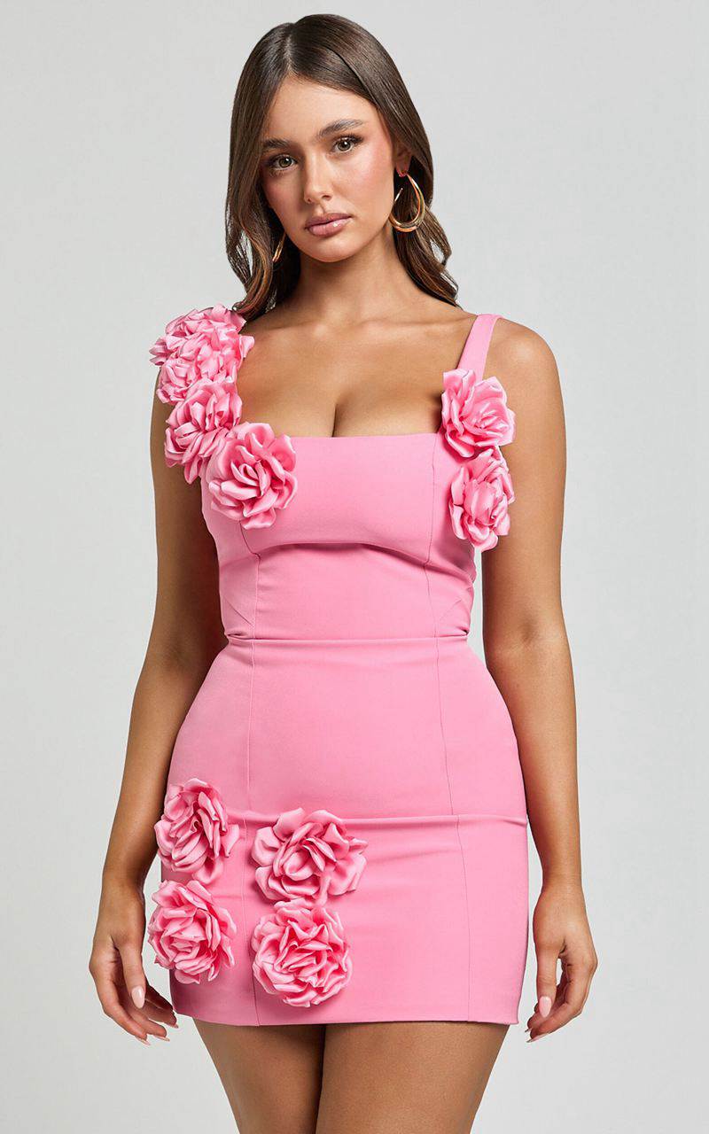 Showpo Emmy Mini Dress - Rosette Detail Fitted Dress Bubblegum Pink | LBKZIP609