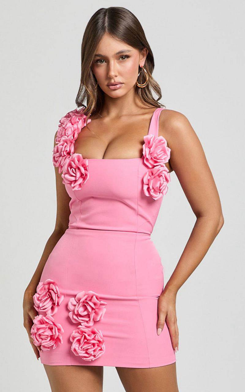 Showpo Emmy Mini Dress - Rosette Detail Fitted Dress Bubblegum Pink | LBKZIP609