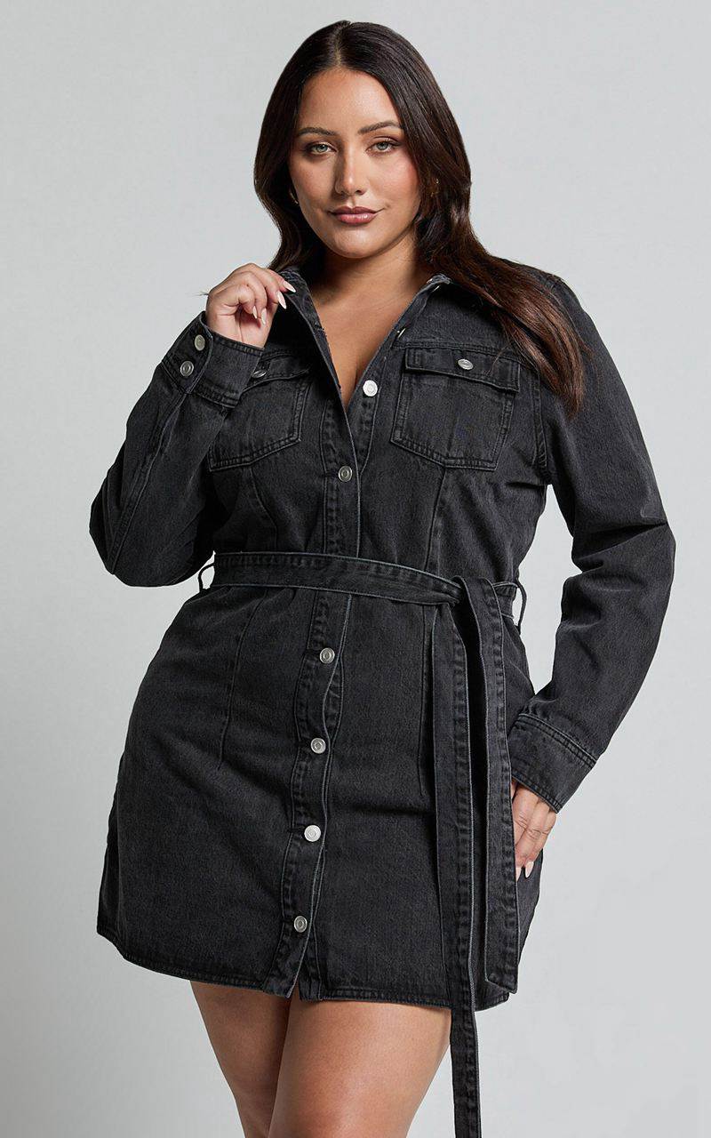 Showpo Enriquetta Mini Dress - Cotton Denim Long Sleeve Button Up Dress Washed Black | AKZXOB579