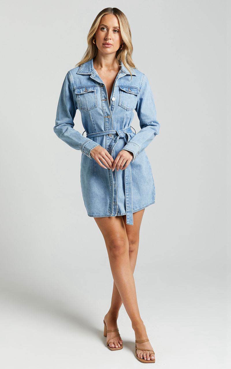 Showpo Enriquetta Mini Dress - Cotton Denim Long Sleeve Button Up Dress Mid Blue Wash | BJNGIV925